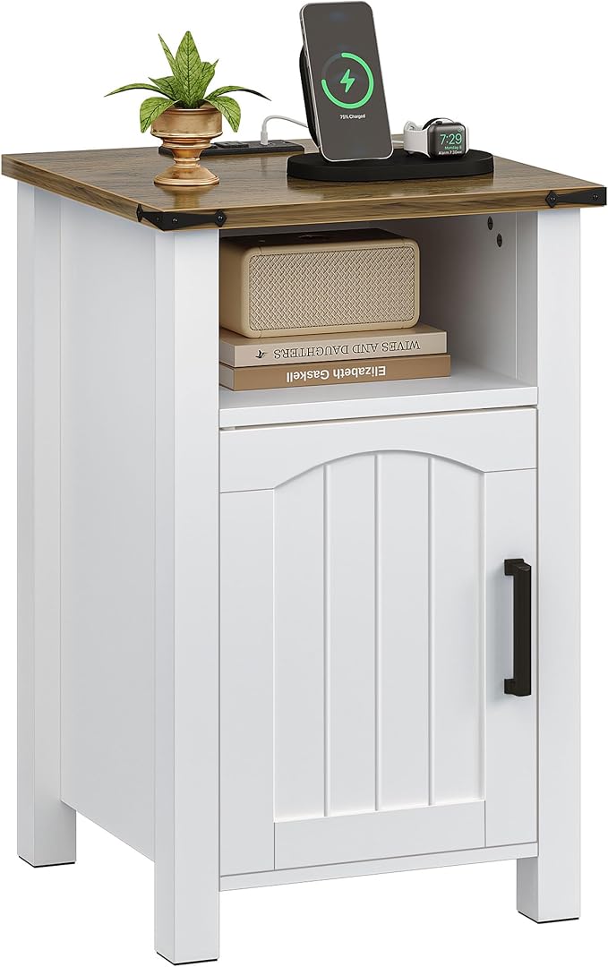 Farmhouse Nightstand with Charging Station, End Table with USB/Type-C Ports and Power Outlets, Rustic Bedside Table with Large Storage and Open Shelf, Modern Side Table for Bedroom, White by Decofy