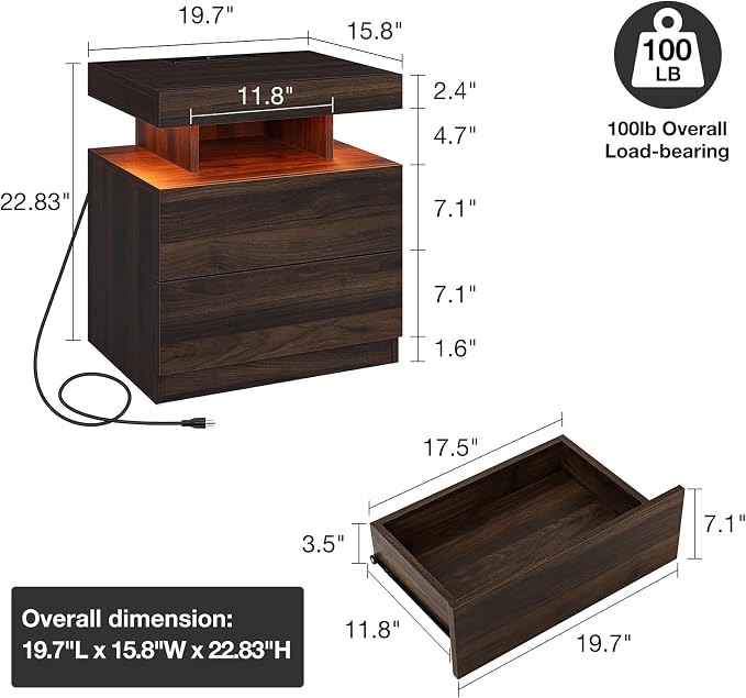 HOMMPA Nightstand with Charging Station and LED Light, Smart Nightstand with USB Port & Wireless Charging, Modern Night Stand with 2 Drawer, Rustic Beside Table for Bedroom, Walnut - Image 2