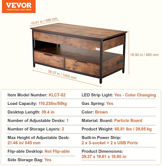 VEVOR Lift Top Coffee Table, 39.4 in Rectangle Coffee Table with Extra Storage Pockets, Pop Up Coffee Table with Power Strip & USB & Ambient Lighting for Living Room, Brown