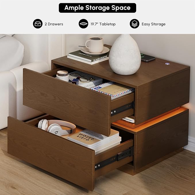 homary Smart Nightstand with Wireless Charging Station, USB & Type-C Ports, LED Light, 2 Drawers – Modern Walnut Bedside Table for Bedroom Storage - Image 4
