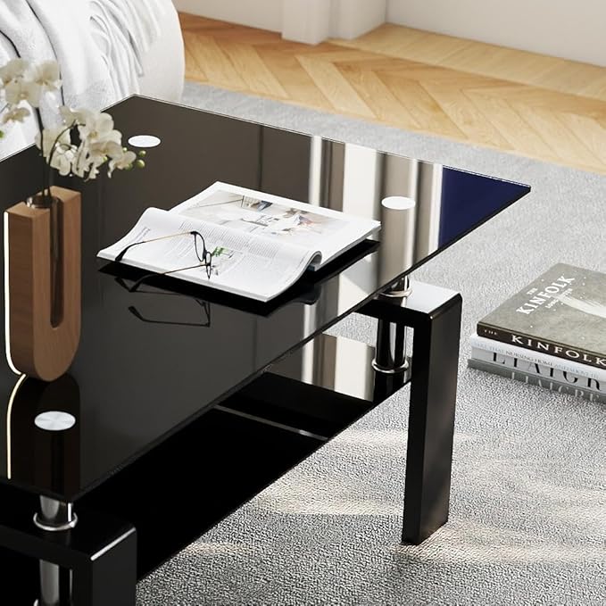 IANIYA Rectangle Tempered Glass Coffee Table, Modern Living Room Table with Storage & Black Metal Legs, Center Table for Bedroom Home Office Small Space Waiting Room