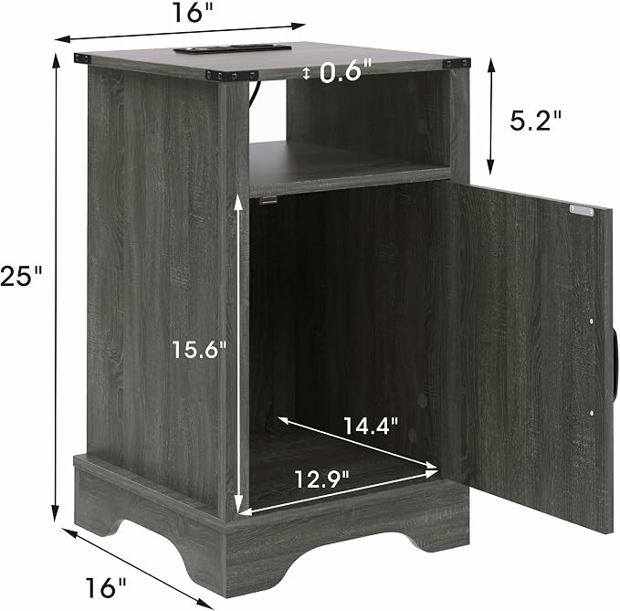 RoyalCraft 25" Tall Nightstands Set of 2, Farmhouse Nightstand with Charging Station, Large End Table with Storage, Wood Grey Bedside Table for Bedroom, Dark Grey - Image 2