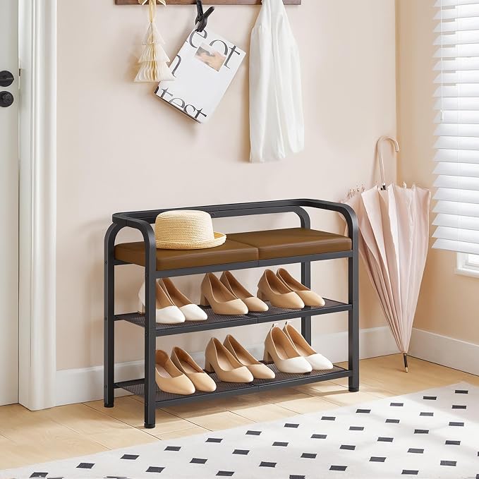 YATINEY Shoe Bench with Backrest, Entryway Bench, 2-Tier Shoe Rack with PU Padded Seat, Upholstered Shoe Storage Bench with Back, for Hallway, Entryway, Foyer, Bedroom, Brown and Black HX04BV - Image 8