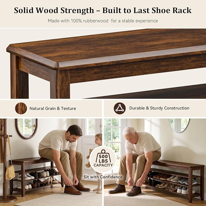 Taitiy Shoe Bench Storage Rubberwood, Entryway Bench with 3-Tiers Height Adjustable, Shoe Rack Front Door Entrance Organizer for Hallway Living Room, Mudrooms, Walnut,23.6" - Image 6