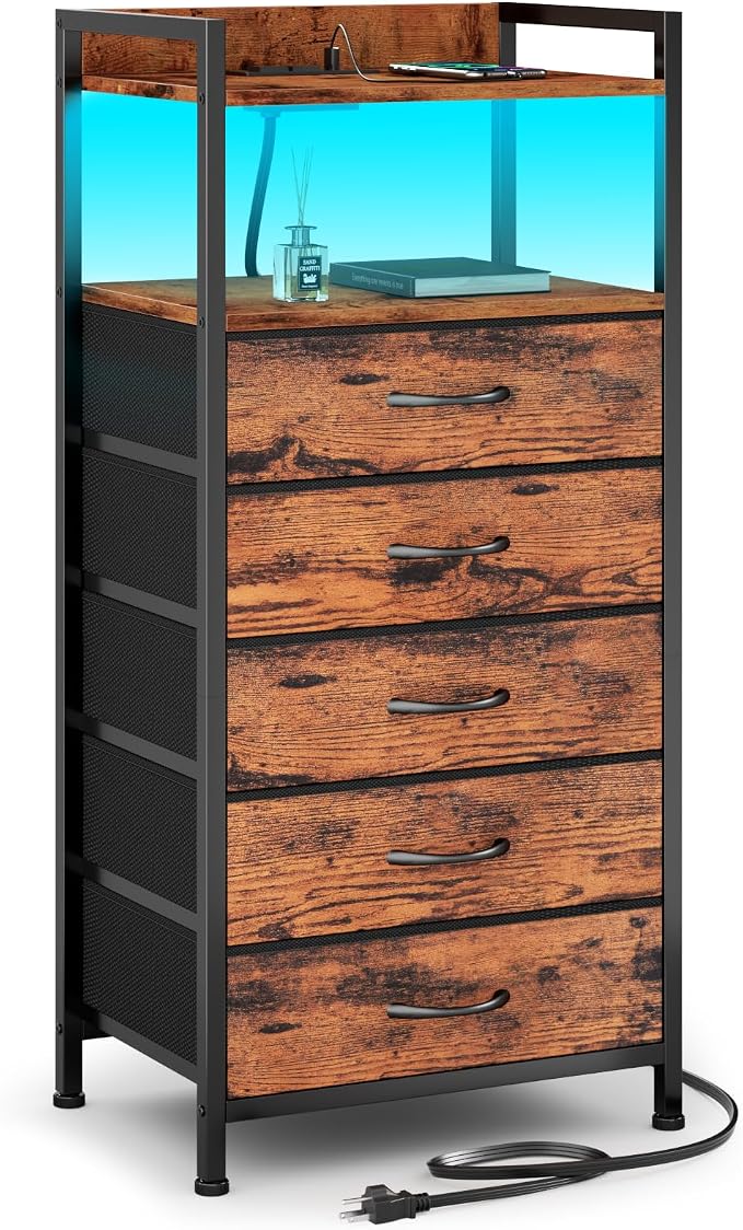 Furnulem 5 Drawer Dresser for Bedroom, Tall Nightstand with Led Light and Charging Station, Small Night Stand Bedside Table, Fabric Bins, Metal Frame, Wood Shelf, Side Furniture(Rustic Brown) by Furnulem