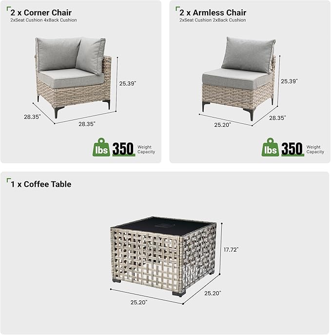 5 Piece Outdoor Patio Furniture with Glowing Coffee Table, Rattan Wicker Conversation Set with Sofa, Sectional Single Chairs for Outside Porch Balcony Backyard Pool,Grey