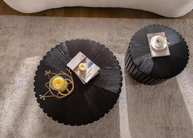 kevinplus 46.46'' Black Round Nesting Coffee Table Set of 2, Modern Circle Fluted Drum Coffee Table for Living Room, No Assembly, Black