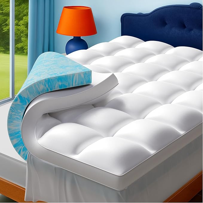 Queen Size Dual Layer 4 Inch Memory Foam Mattress Topper, 2 Inch Cooling Gel Memory Foam and 2 Inch Washable Soft Pillow Top Mattress Pad Cover, 8-24 Inch Deep Pocket, Medium Firm Support