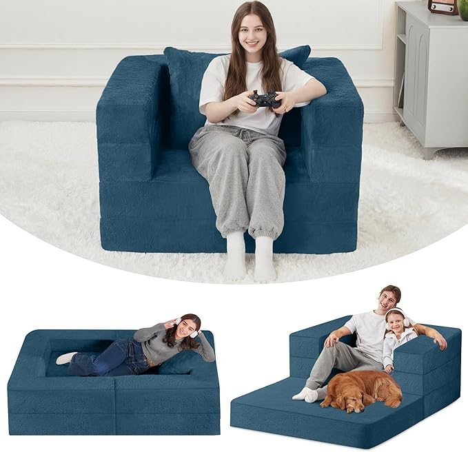 Futon Sofa Bed with Pillow, 3-in-1 Sleeper Sofa Bed with Removable Cover, Convertible Floor Sofa Bed, No Assembly Boneless Couch for Living Room, Bedroom