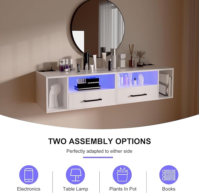 Floating Nightstand with Charging Station and LED Light Strips, 21.3" Night Stand with Drawers, Floating Bedside with USB Ports and Outlets, Bedroom Furniture - Image 4