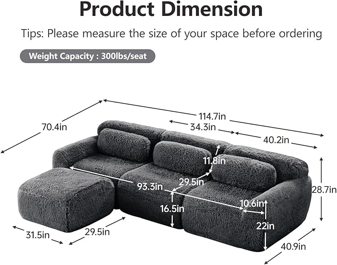 114.7" L-Shaped Boneless Modular Sofa, Plush Foam Lounge Couch, 32D High Density Sponge, Plush Convertible Sofa Set Deep Seat Couches for Living Room, Bedroom and Apartment, Dark Grey