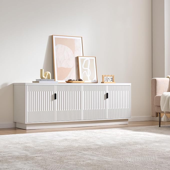 Fatmok Fluted TV Stand for up to 75" TVs, 68" Entertainment Center with 4 Doors, Modern Media Console with Adjustable Shelves & Storage Cabinets, White - Image 3