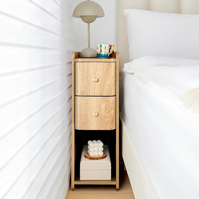 Small Nightstand Set of 2, Wood 2 Drawer Narrow Nightstand, Slim Side Table, Modern Skinny End Bedside Table, Natural Wood Night Stand with Drawers for Bedroom (Natural-2 pcs) - Image 3
