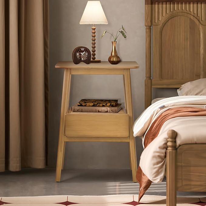 JIKUGO Nightstand Mid Century Modern and Drawers Display Cabinet for Bedroom Bamboo Bedside Tables 21.9x15.8x14.2in with USB Charging Port Night Stands Bed Side Table Bamboo by JIKUGO