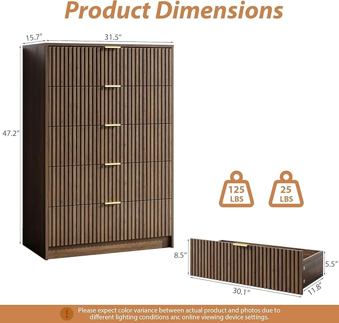 MAISONARIA 3-Piece Dresser Bedroom Set, 5 Drawer Dresser & 2 Drawer Nightstands with Gold Handles, Fluted Wood Chest of Drawers for Bedroom, Living Room, Entryway, Walnut