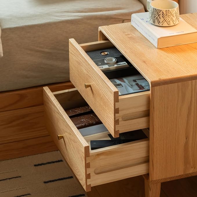 100% Solid Wood Nightstand Set of 2, Oak Nightstands, Mid Century Modern Night Stand, Natural Wood Nightstands with 2 Drawers, Small Bedside Table for Bedroom(19.69" H) - Image 4