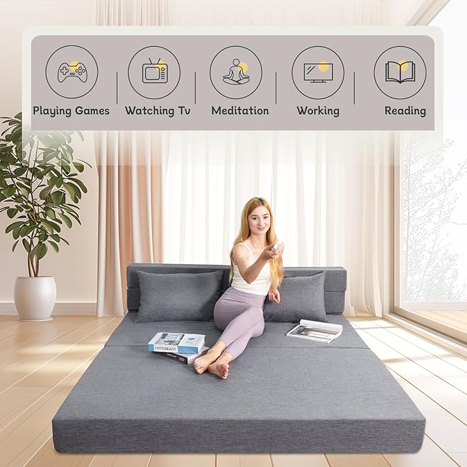 Folding Sofa Bed, Foldable Bed Sleeper Chair with Removable Washable Cover, Convertible Fold Out Couch with Pillow, Futon Couch for Living Room, Dorm, Guest Room, Queen Size, Light Grey