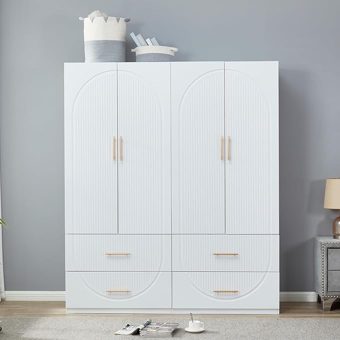 Wooden Armoire Wardrobe Closet：Large Wardrobe Closet with 2 Doors, 2 Drawers for Tall Cabinet, Wardrobe Cabinet for Bedroom with Hanging Rods, Golden Handle, White