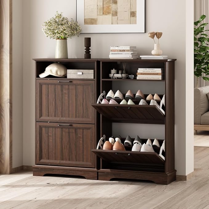 Shoe Storage Cabinet with 2 Flip Drawers, 24" W Farmhouse Modern Hidden Shoes Rack Cabinet with Adjustable Shelves & Open Storage, Narrow Slim Shoe Organizer for Front Door Entrance, Entryway, Walnut - Image 6