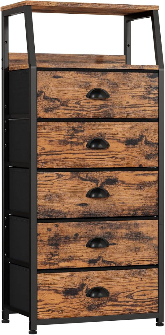 Furnulem Tall 5 Drawers Dresser, Vertical Storage Tower Fabric Dresser for Bedroom, Hallway, Entryway, Nursery, Closet Organizer, Nightstand Bedside Table Furniture, Sturdy Steel Frame, Wood Top by Furnulem