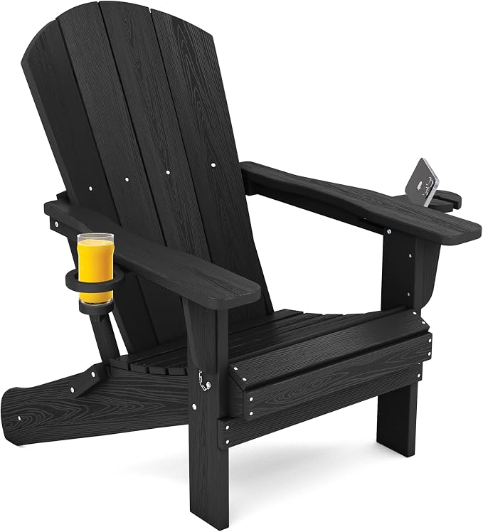 SERWALL HDPE Folding Adirondack Chair with Dual Cup Holder - Composite Adirondack Chair - Black by SERWALL