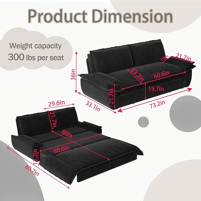 73.2" Queen Size Pull Out Sofa Bed, 3-in-1 Convertible Sleeper, Velvet Loveseat for Living Room, Apartment, Bedroom Small Spaces, Black (Mattress & Bedding Not Included)