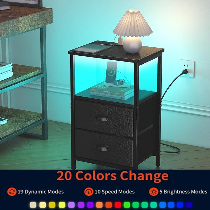 sthmec Nightstand with Charging Station, LED Night Stand Set 2, Bedside Table End Table Set of 2, Bedroom Table with 2 Fabric Drawers PU Finish, 3-Tier Storage Side Table for Bedroom,Black - Image 5