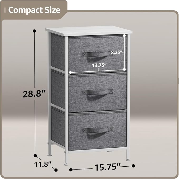 Sorbus Nightstand with 3 Drawers - Bedside Furniture & Night Stand End Table Dresser with Steel Frame, Wood Top, Easy Pull Fabric Bins for Home, Bedroom Accessories, Office & Dorm - Image 3