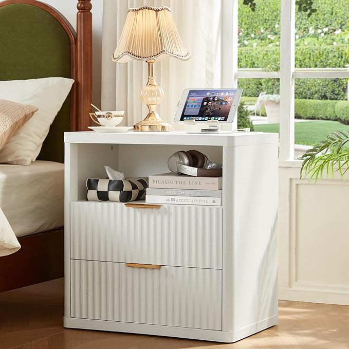 LEYAOYAO 48" Wide Fluted Dresser and 2 Drawers 23" Nightstand Set of 2,Wooden Dresser & Night Stand with Charging Station, 3 Piece Bedroom Furniture Set,Chest of Drawer for Living Room,Antique White