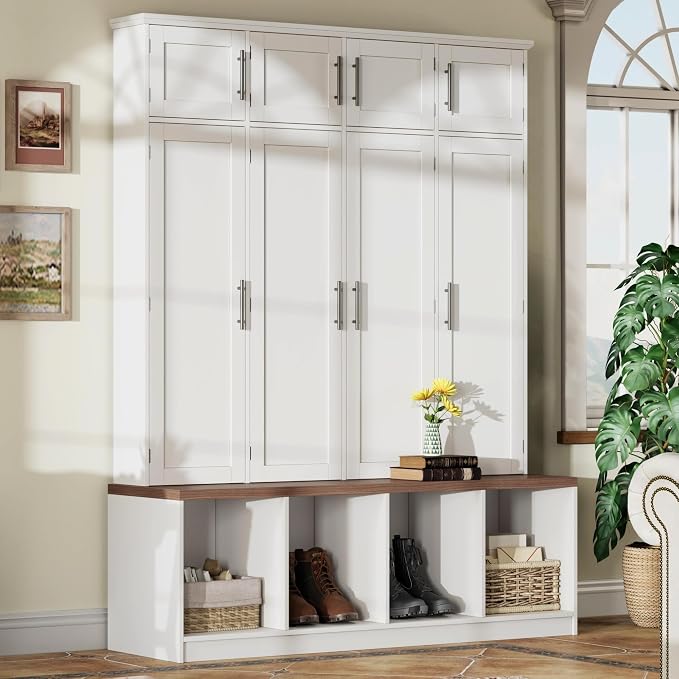 Hall Tree with Entryway Bench and Shoe Storage Compartments, Particle Board Multi-Functional Cabinet with 4 Hanging Hooks, White by Merax