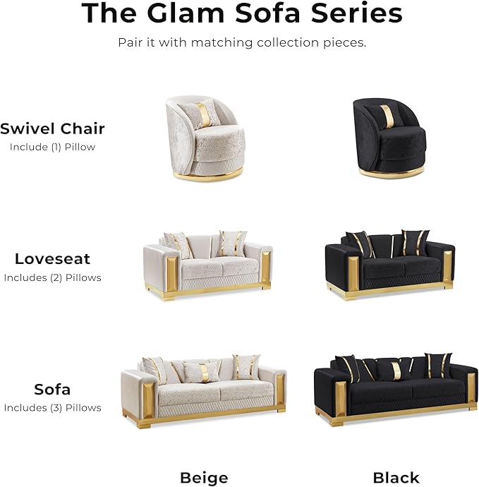 Furniture of America Samison II Glam 2-Piece Solid Wood Upholstered Sofa Set with Accent Pillows, Damask Pattern and Gold Base, Comfortable Couch and Loveseat for Living Room, Bedroom, Office, Beige