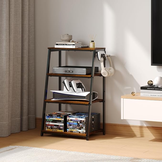 4-Tier AV Media Stand with 2 Hooks,Heavy Duty Stereo Cabinet Furniture-Large Stereo Rack and Game Console Stand,Wooden Record Player Stand,Audio Stand Perfect for DVD Players/Game Console/TV Box/Xbox - Image 9