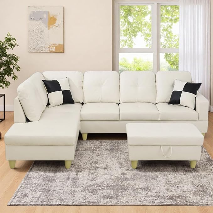 NicBex Modular L-Shaped Sectional Couches, 3-Piece Convertible Couch with Storage Ottoman, 4-Seat Comfy Sofa with Chaise for Living Room & Apartment, Cream White