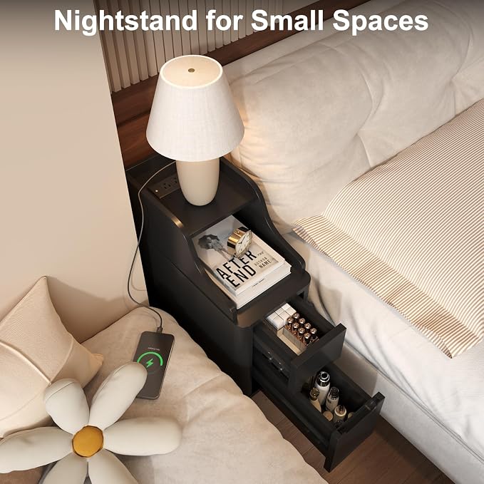 Narrow Side Table, Wooden Small 2 Drawer Nightstand with Charger Station, Thin Couch Side End Table, Skinny Bedside Table Small Spaces, Mid Century Modern Night Stand with Drawers, Black - Image 4