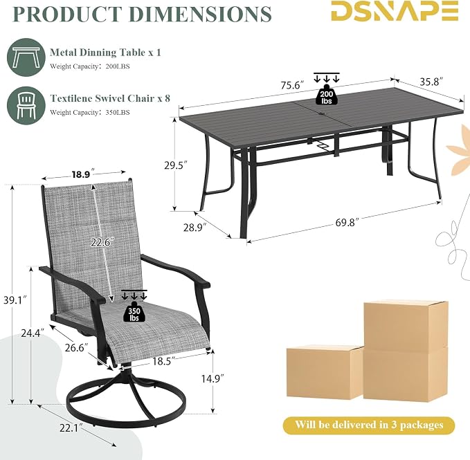 9 Pieces Patio Dining Set for 8, All Weather Outdoor Furniture Set, 75.6" Metal Dining Table with Umbrella Hole and 8 High Back Textilene Swivel Chairs for Deck Garden Lawn Poolside, Grey - Image 2