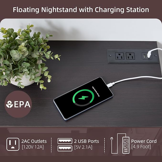 BuildHom Modern Espresso Fluted Floating Nightstand with Charging Station, NightStand with Drawers, Bedside with USB Ports and Outlets, Bedroom Furniture (Right) - Image 3