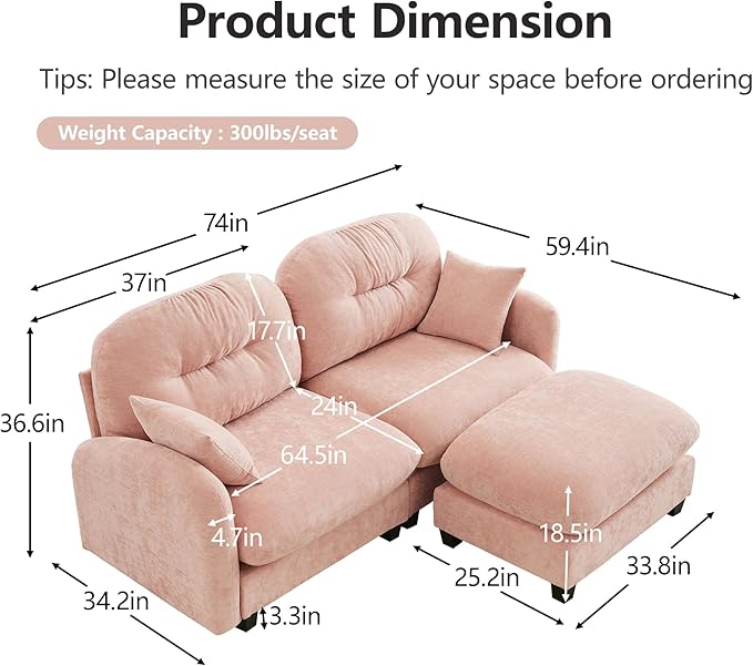 KEIKI 74" L-Shaped Oversized Chenille Modular Sectional Loveseat Sofa with 1 Ottoman, High-Density Foam Cushions, Tufted Pleated Cushion Backrest, 2-Seater Couch with 2 Pillow, for Living Room, Pink