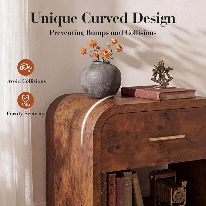 Night Stand Set of 2 [Unique Curved Profile] [FSC-Certified Wooden Board] 1-Drawer and 1 Storage Shelf Nightstand 24" H Metal Handle Modern Bedside Table Side Table End Table - Image 4