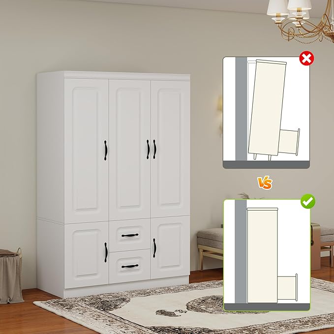 Armoire Wardrobe Closet 3 Door: Wooden White Bedroom Armoire Storage Cabinet for Large Capacity Armoire and Wardrobe Closet Wood with 2 Drawers Hanging Rail Shelves