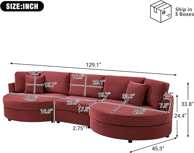 Merax 129 inches 3-Seater Curved Chenille Sofa, Modern Upholstered Living Room Couch with Thick Cushions, Includes 2 Throw Pillows, Easy Assembly, Red