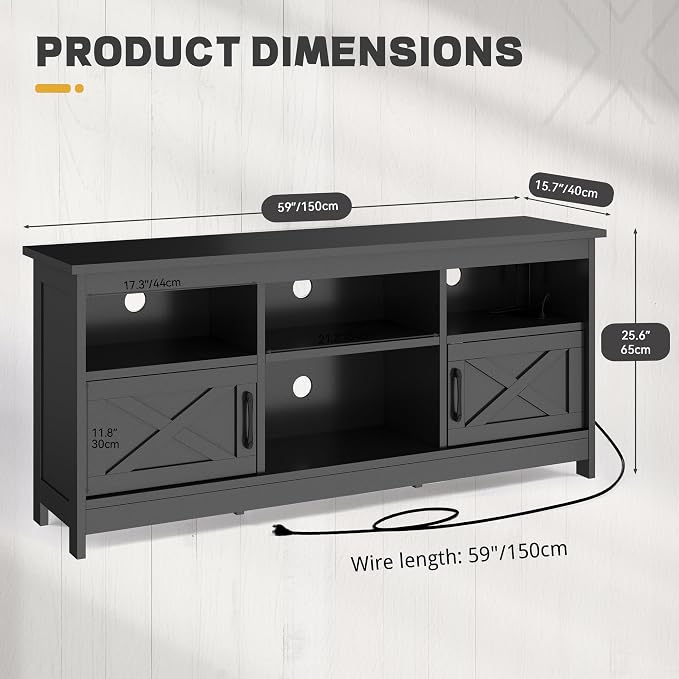 YITAHOME TV Stand for 65 Inch TVs, Entertainment Center with Storage Cabinets, Power Outlet & LED Light, Media TV Console with Barn Doors for Living Room, Black - Image 2
