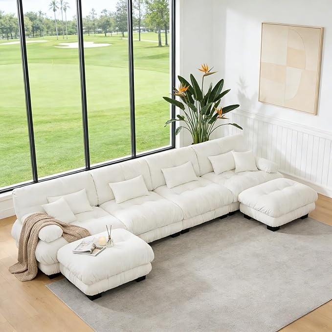 173.2" U-Shaped Cloud Couch, Oversized Modular Sectional Sofa, Deep Seat Cloud Boneless Couch, 4-Seat Modular Sectional Sofa with 2 Ottoman or Living Room,Bedroom and Apartment, White