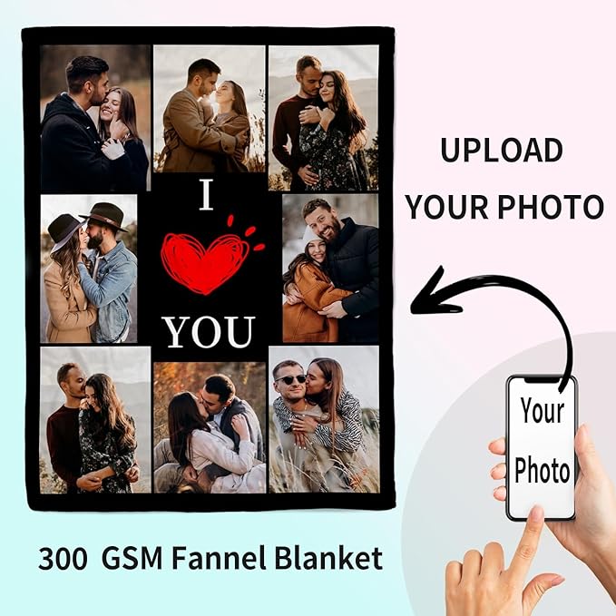 ROMANDY Ships Next Day Custom Blanket with Picture Customized Banket Personalized Throw Blankets Customizable Photo Blankets Customize Gifts for Mom Dad Girlfriend Boyfriend Wife Husband Her Him