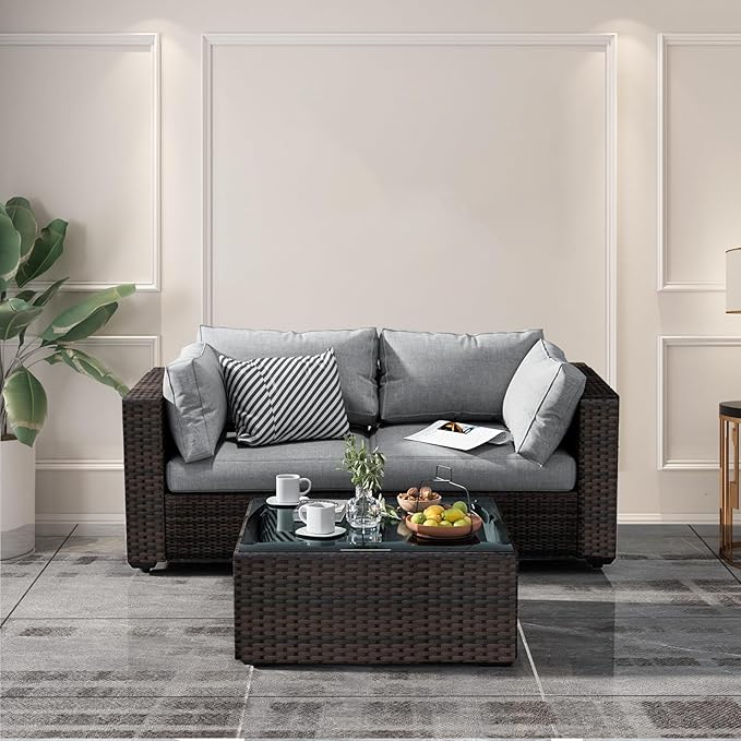3 Piece Patio Furniture Set All Weather PE Rattan Outdoor Sectional Sofa Couch with No-Slip Cushions and Glass Top Table for Garden, Poolside, Backyard (Gray)