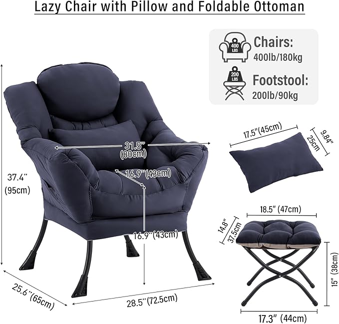 Lazy Chair with Ottoman, Modern Accent Chair with Lumbar Pillow, Navy Blue Sofa, Armchairs with Folding Footrest, Oversized Supportive Chairs for Bedroom, Reading