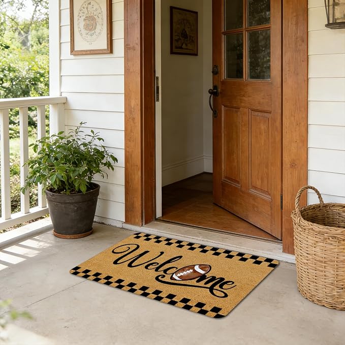 Football Welcome Mat for Boys Kids Room Bedroom Decor, Black and White Checkered Football Sport Faux Coir Door Mat Small Rug for Front Door Indoor Outdoor Entrance Entryway, 17x30 Inches - Image 4