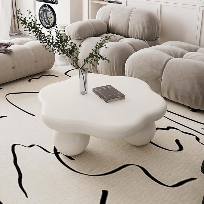 35" Modern Coffee Table Petal Shape Low Center Table Cute Irregular Indoor Tea Table with 3 Ball Legs for Living Room Apartment