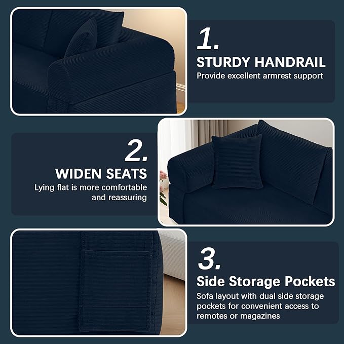 83" Modern Sofa in a Box, No Assembly Oversized 3 Seater 28" Deep Seat Cloud Sofa Bed Couch with 4 Furry Pillows & Corduroy Fabric, Boneless Couch with Side Storage Pockets for Living Room, Navy Blue