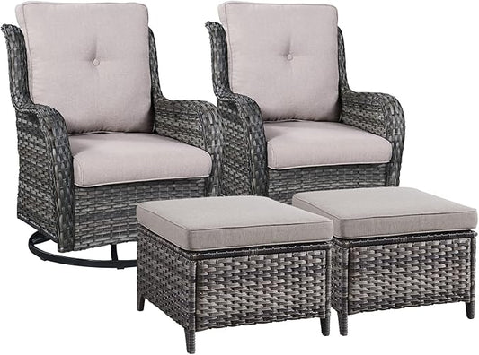Rilyson Wicker Patio Furniture Set - 4 Piece Rattan Outdoor Sectional Conversation Sets with 2 Swivel Rocking Chairs,2 Ottomans for Porch Deck Garden(Mixed Grey/Grey)