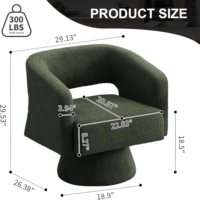 ClinQ Swivel Barrel Accent Chair, Oversized Teddy Upholstered Round Swivel Chairs Set of 2, Modern Luxury 360° Living Room Vanity Chair for Bedroom Office&Living Room, Green